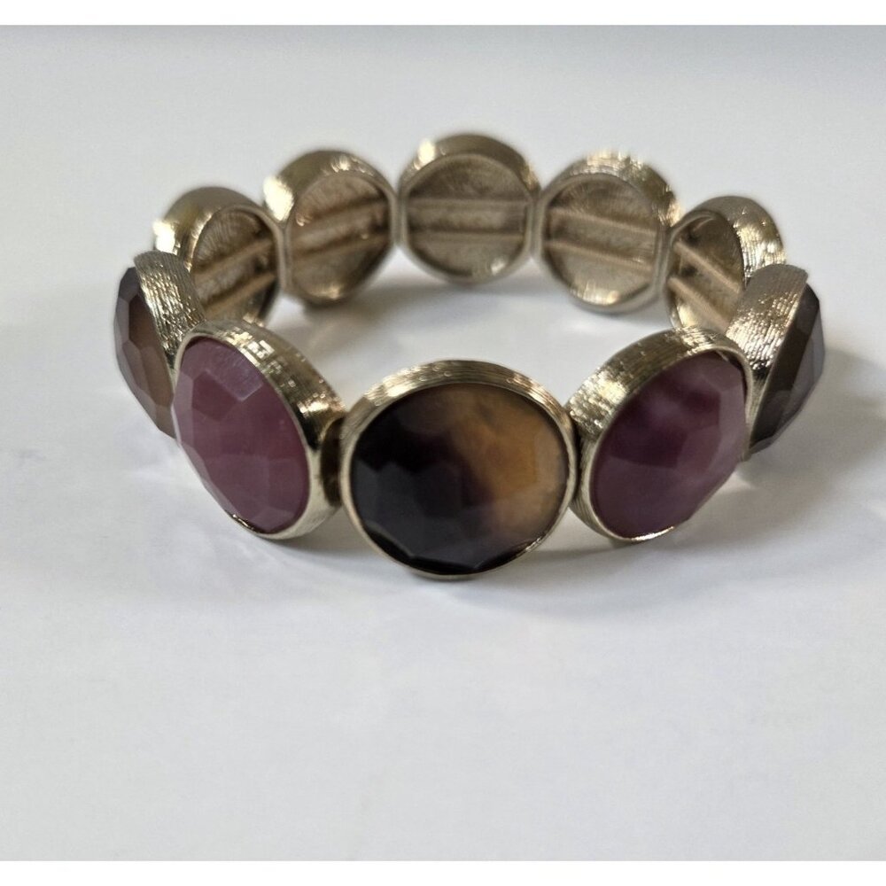 Vintage Crown Trifari Bracelet Pink Brown Faceted Stone Goldtone Stretch - Picture 2 of 5
